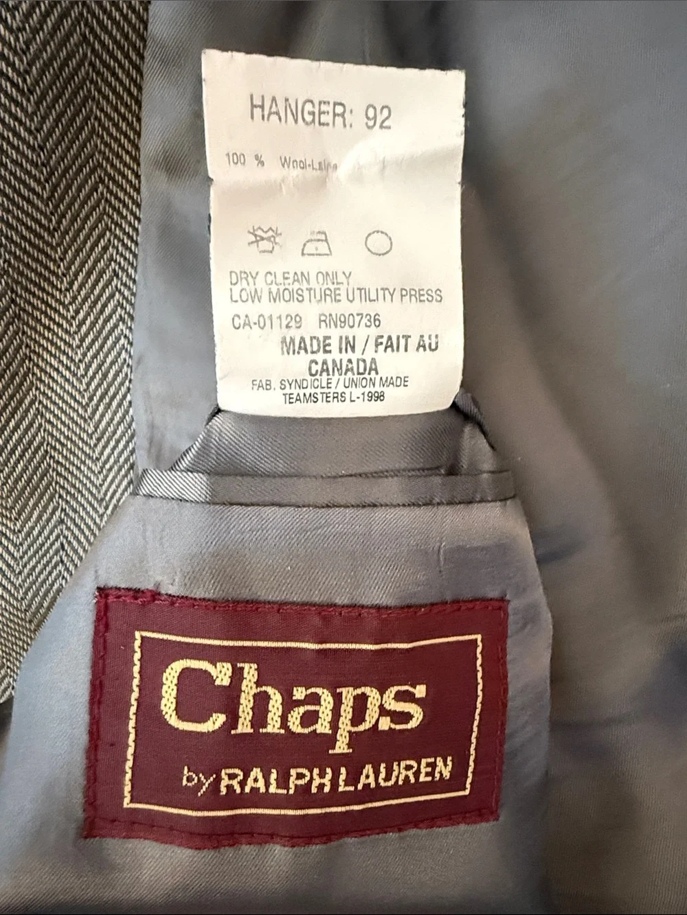 Chaps Ralph Lauren Union Made Canada Pure Wool Herringbone Blazer 40R Gray Brown